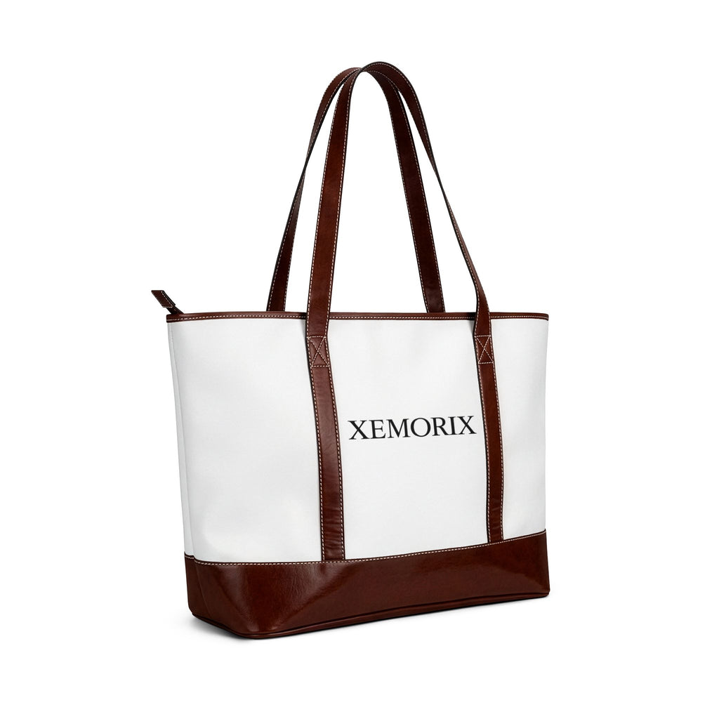 XEMORIX   essential  Personalized Canvas Tote Handbag   Classic White & Brown Leather-Trim Shoulder Bag with Custom Text (XEMORIX)
