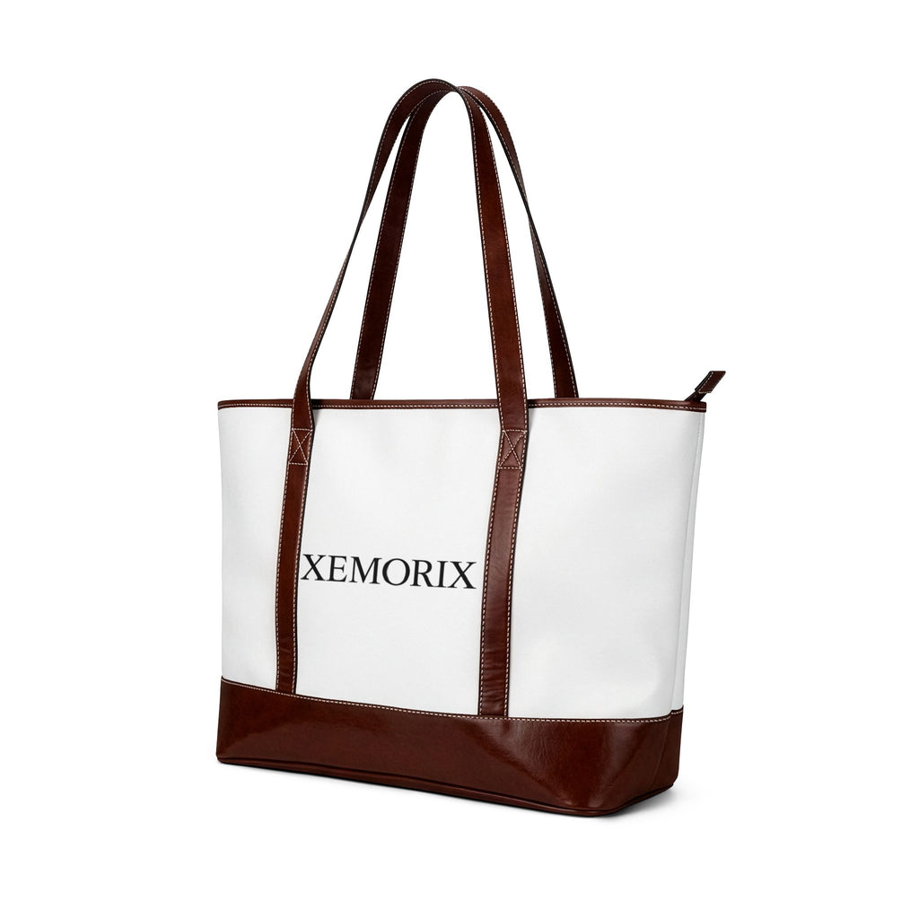 XEMORIX   essential  Personalized Canvas Tote Handbag   Classic White & Brown Leather-Trim Shoulder Bag with Custom Text (XEMORIX)