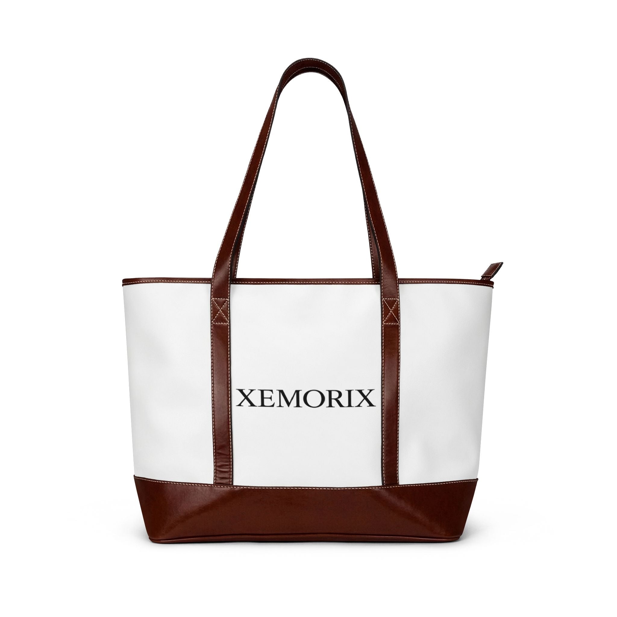 XEMORIX   essential  Personalized Canvas Tote Handbag   Classic White & Brown Leather-Trim Shoulder Bag with Custom Text (XEMORIX)