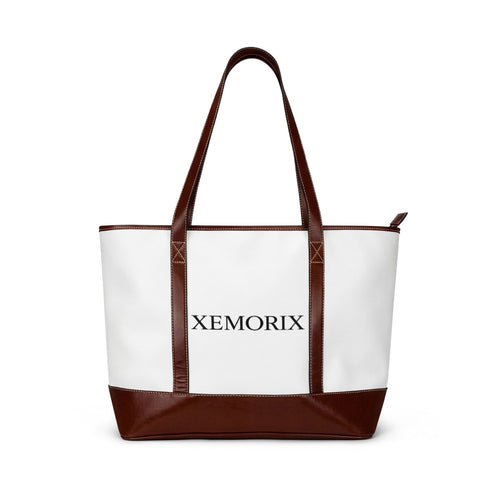 XEMORIX   essential  Personalized Canvas Tote Handbag   Classic White & Brown Leather-Trim Shoulder Bag with Custom Text (XEMORIX)