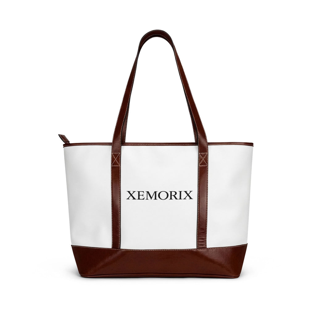 XEMORIX   essential  Personalized Canvas Tote Handbag   Classic White & Brown Leather-Trim Shoulder Bag with Custom Text (XEMORIX)