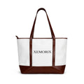XEMORIX   essential  Personalized Canvas Tote Handbag   Classic White & Brown Leather-Trim Shoulder Bag with Custom Text (XEMORIX)
