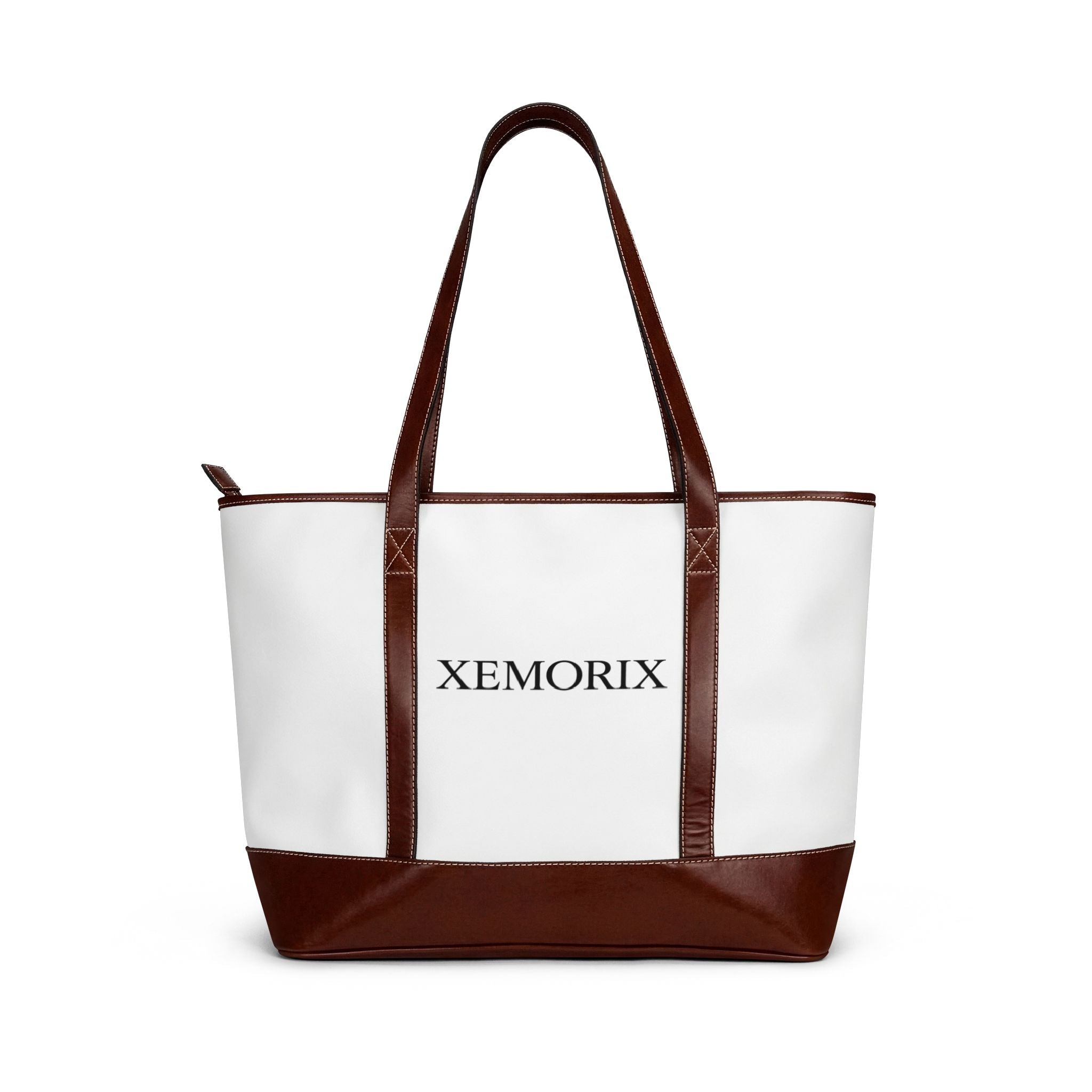 XEMORIX   essential  Personalized Canvas Tote Handbag   Classic White & Brown Leather-Trim Shoulder Bag with Custom Text (XEMORIX)