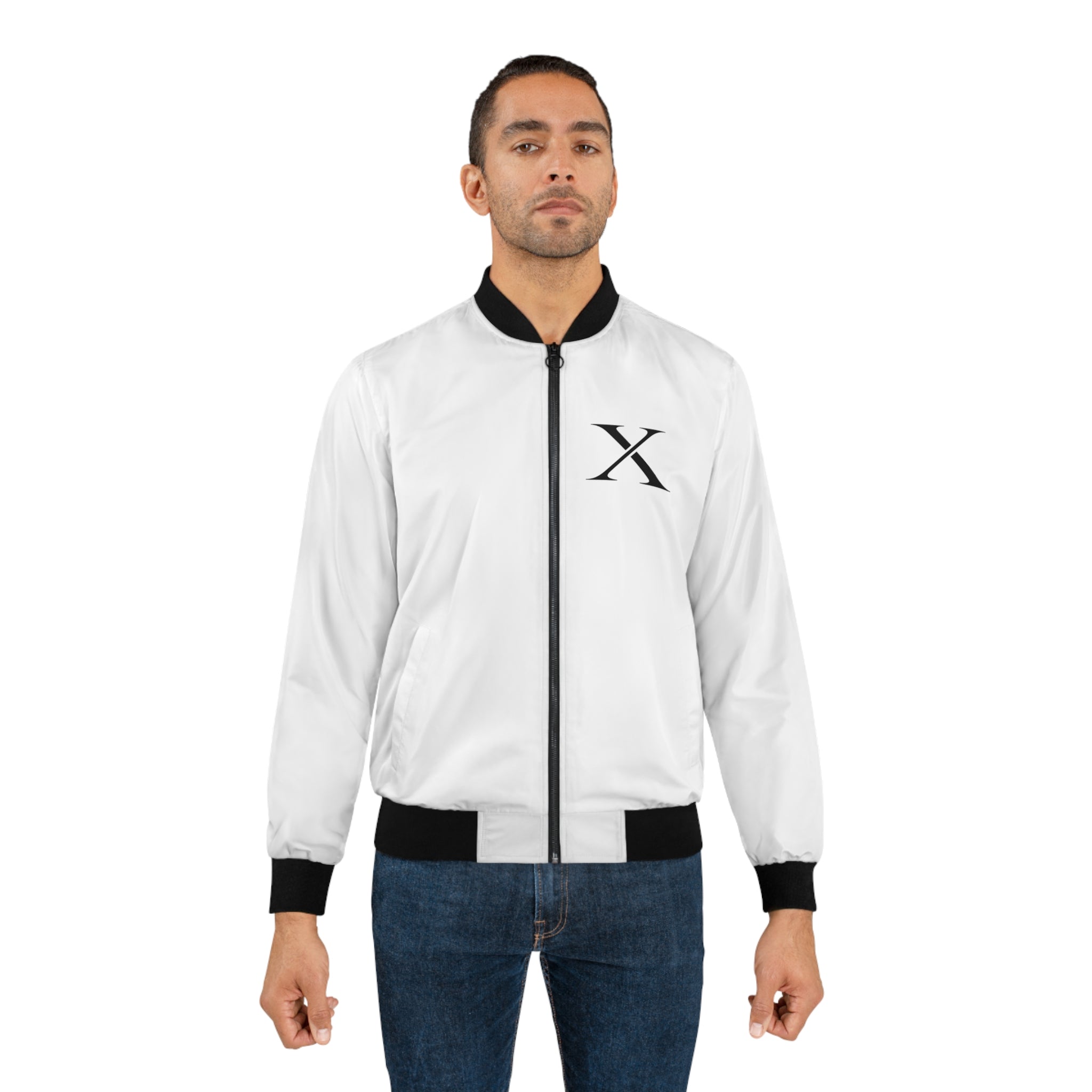 XEMORIX XMRX-068 signature Minimalist 'X' White Bomber Jacket - Men's Lightweight AOP