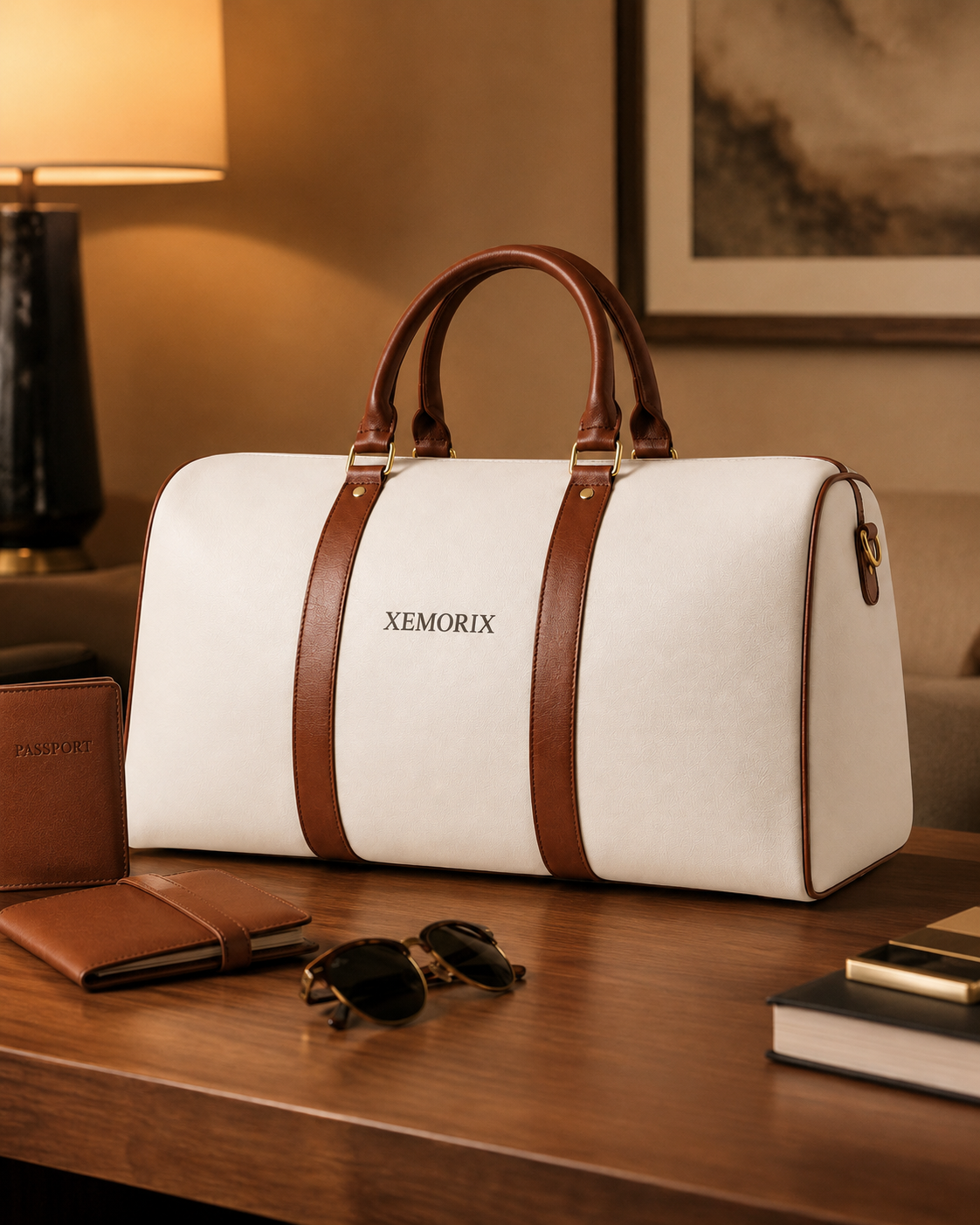 XEMORIX XMRX-024 Signature Weekender Bag — White & Brown Travel Duffel