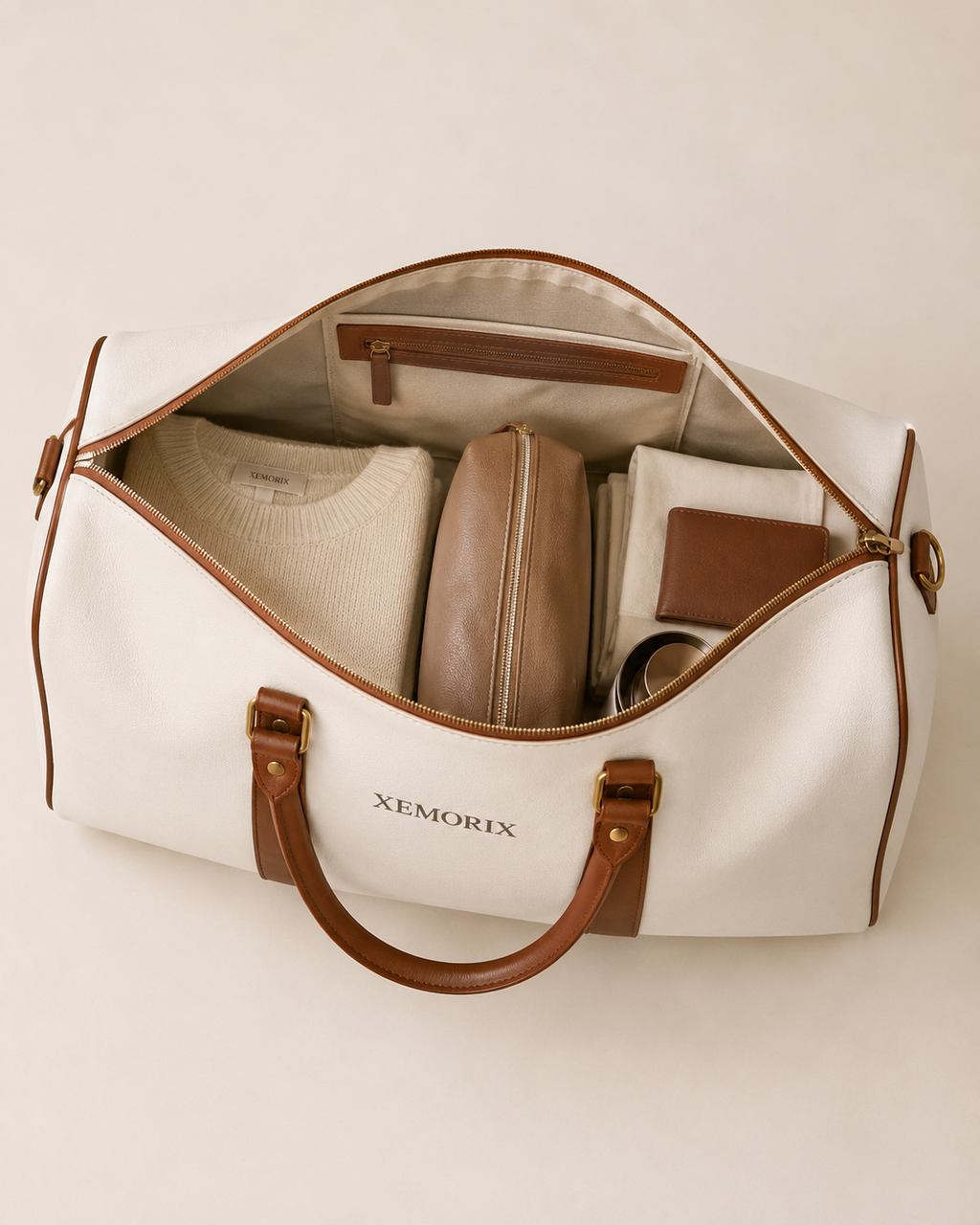 XEMORIX XMRX-024 Signature Weekender Bag — White & Brown Travel Duffel