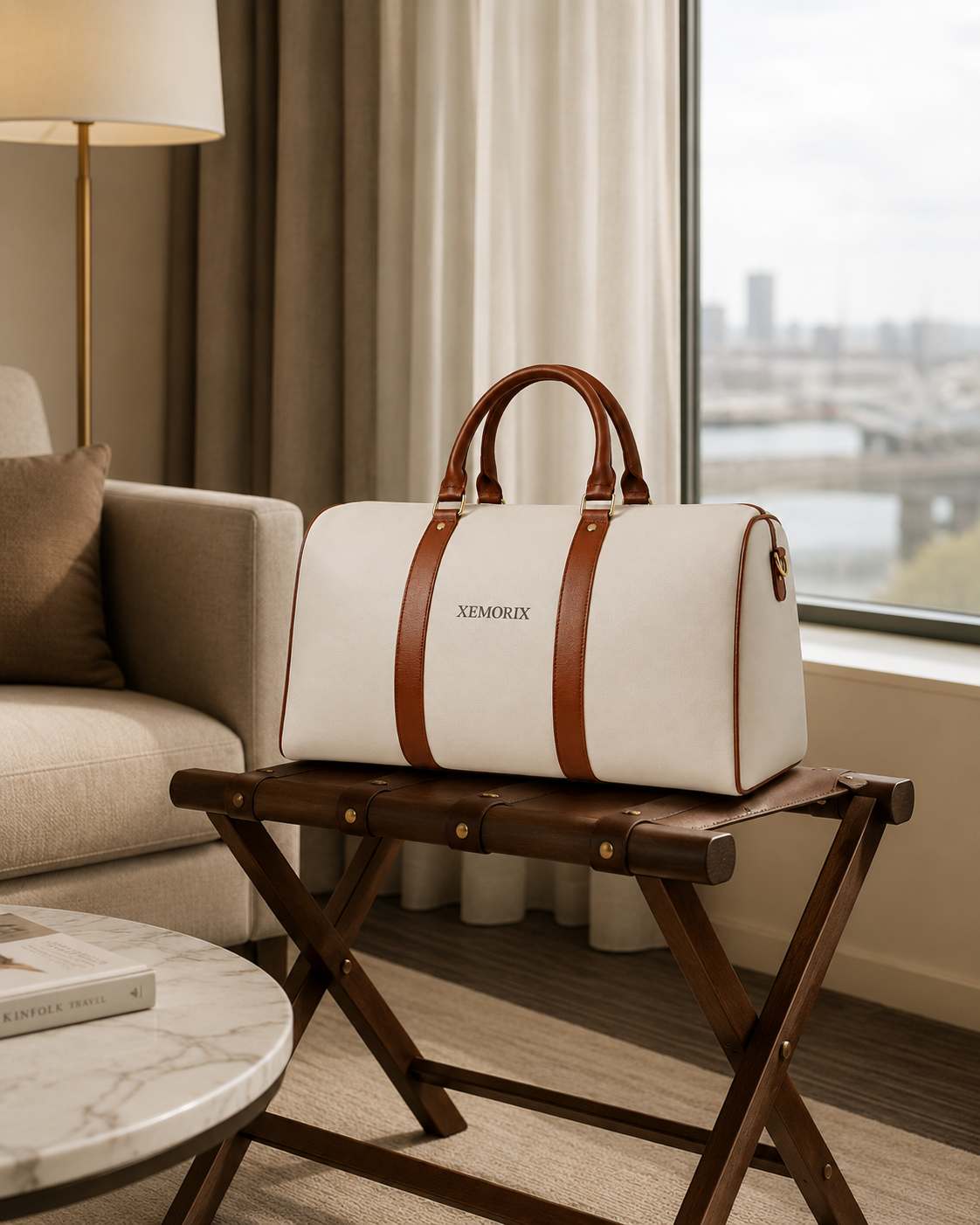 XEMORIX XMRX-024 Signature Weekender Bag — White & Brown Travel Duffel