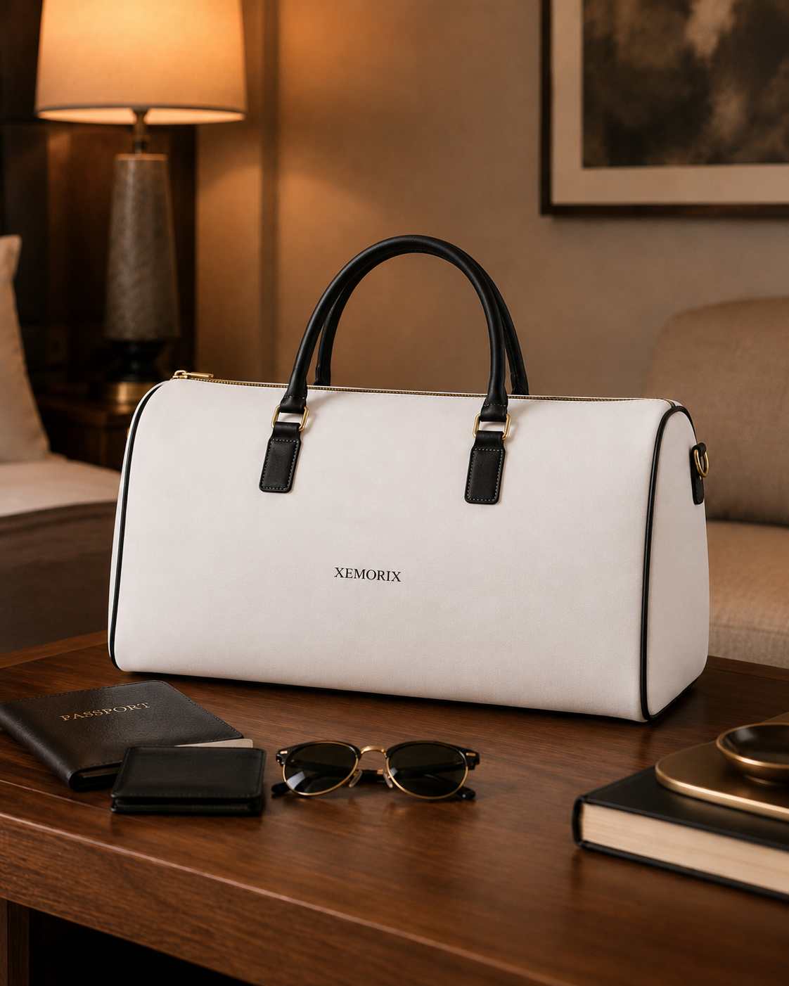XEMORIX XMRX-025 Signature Weekender Bag – White & Black Faux Leather Travel Bag