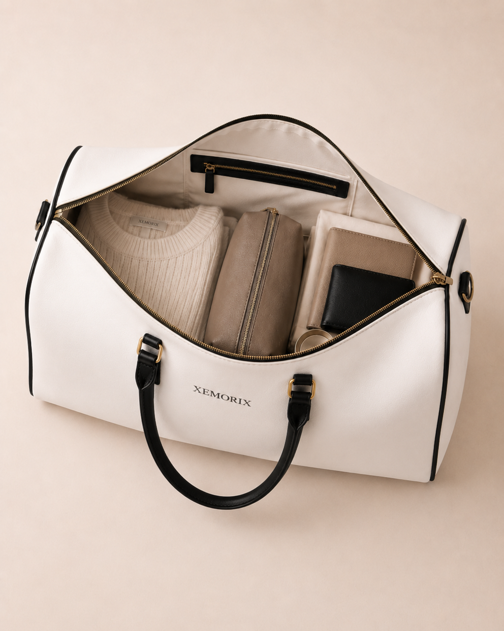 XEMORIX XMRX-025 Signature Weekender Bag – White & Black Faux Leather Travel Bag