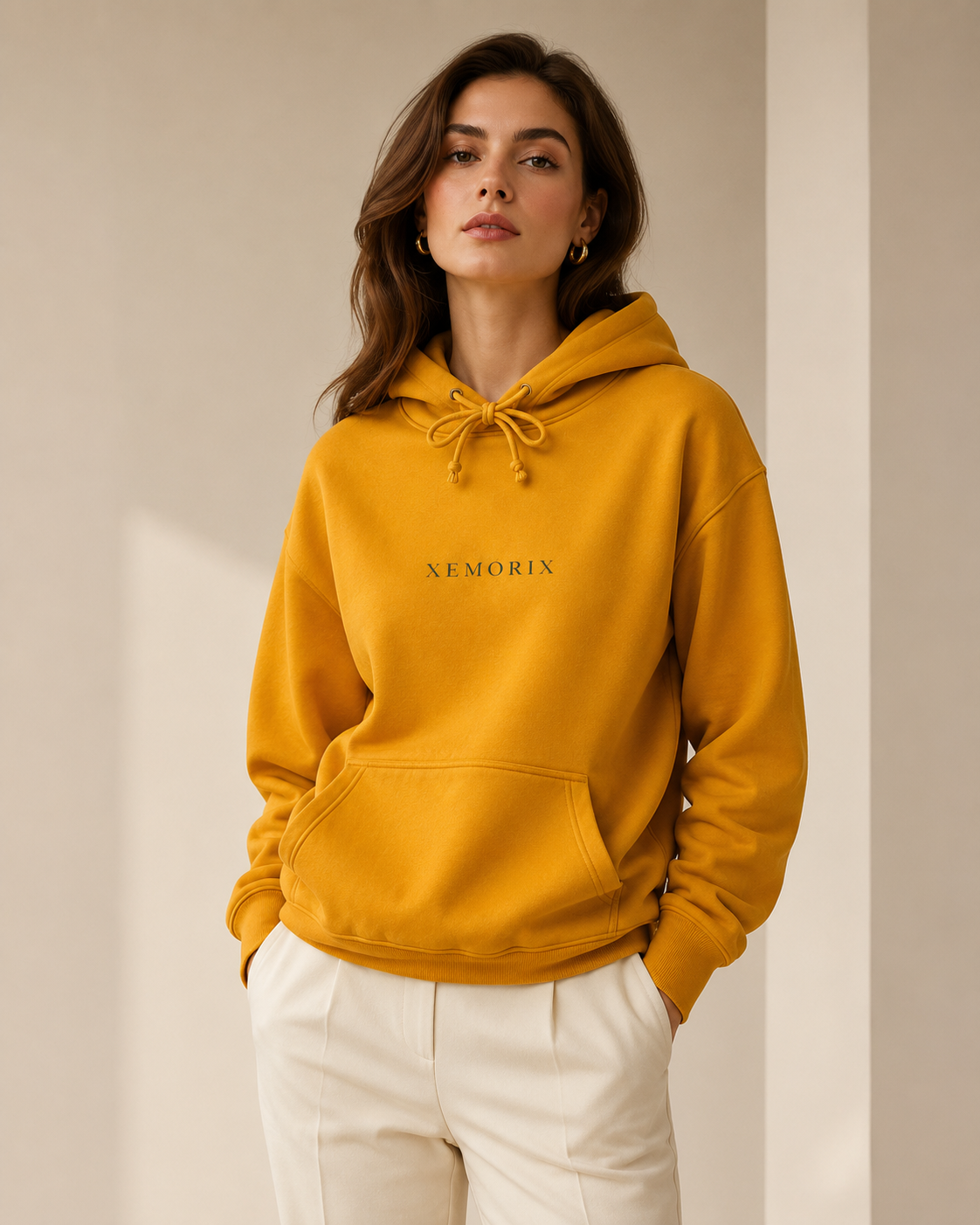 XEMORIX XMRX-012 Signature Hoodie in yellow with clean back design and premium cream background
