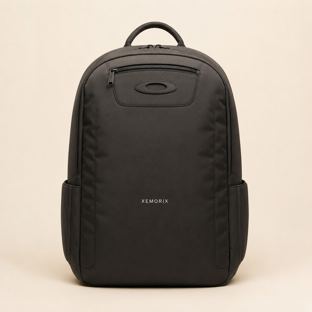 Black XEMORIX luxury backpack with centered logo, minimalist design, and premium urban carry styling.