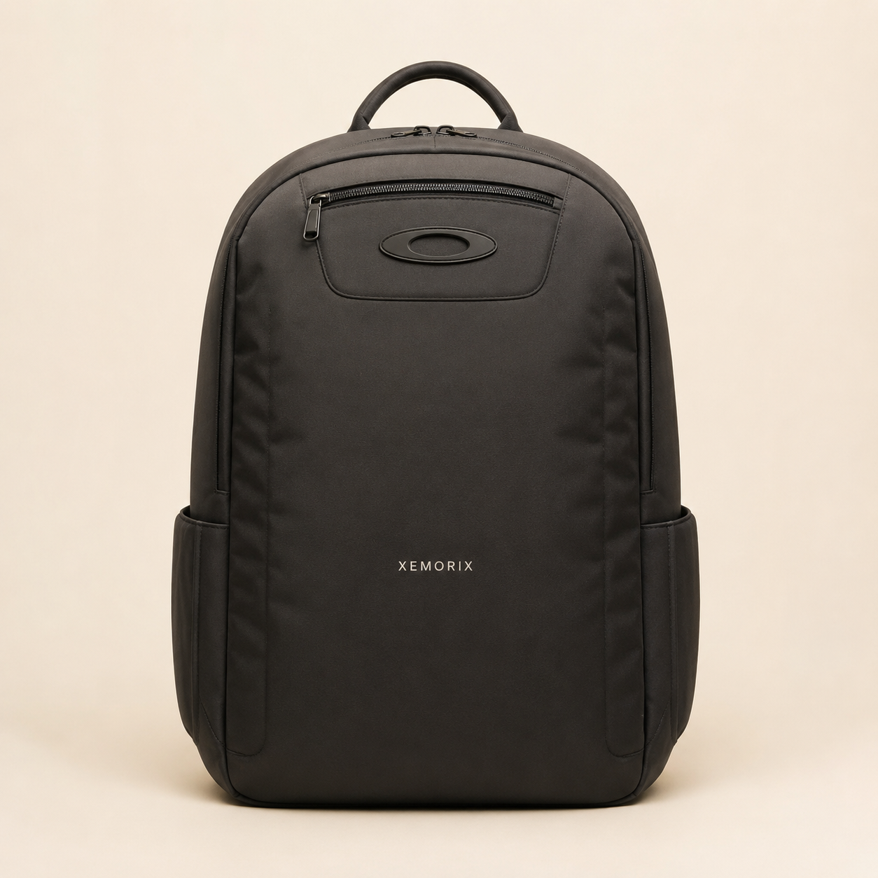 Black XEMORIX luxury backpack with centered logo, minimalist design, and premium urban carry styling.