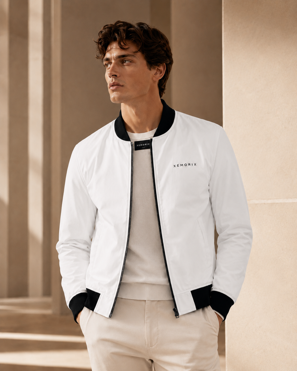 XEMORIX XMRX-068 white and black bomber jacket with left chest logo and branded neck label