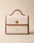 XEMORIX Signature Structured Handbag in ivory and brown with gold clasp and centered logo, front studio view