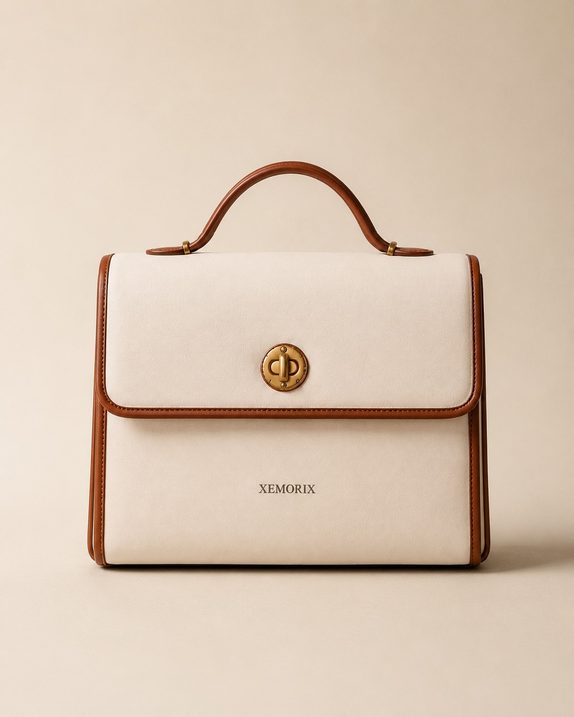 XEMORIX Signature Structured Handbag in ivory and brown with gold clasp and centered logo, front studio view