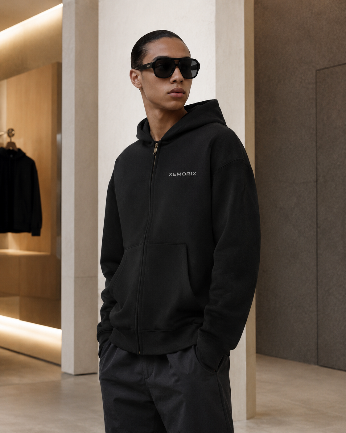 Model wearing XEMORIX XMRX-007 black zip hoodie with centered logo in a luxury modern setting