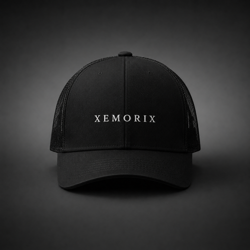 XEMORIX XMRX-015 Signature Cap in Black with centered front wordmark on a dark premium background