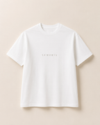 XEMORIX XMRX-018 white signature T-shirt with centered luxury wordmark logo