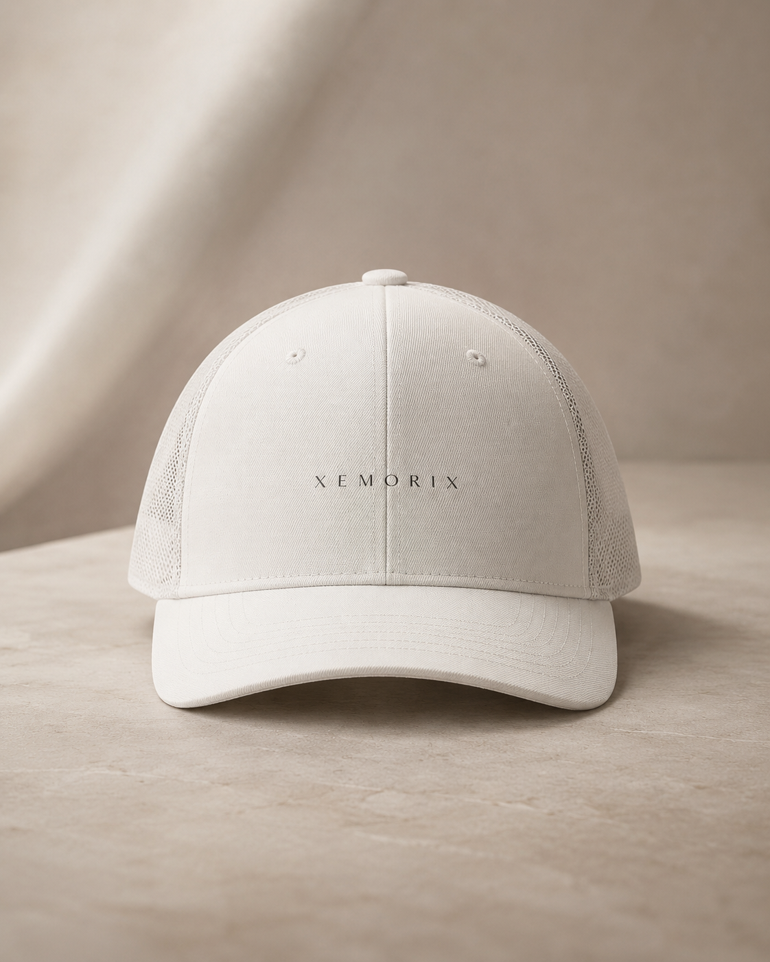 XEMORIX XMRX-019 white signature cap with centered luxury wordmark logo