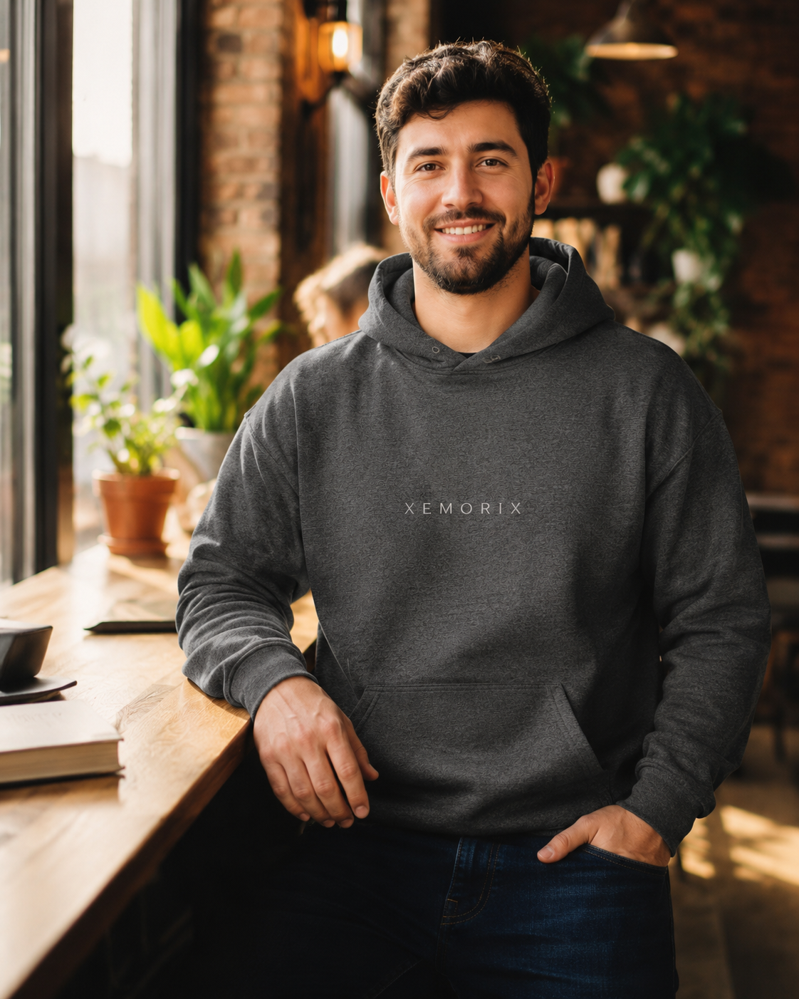 Male model wearing the XEMORIX XMRX-020 Signature Hoodie in Charcoal Heather with centered chest wordmark in a premium lifestyle setting