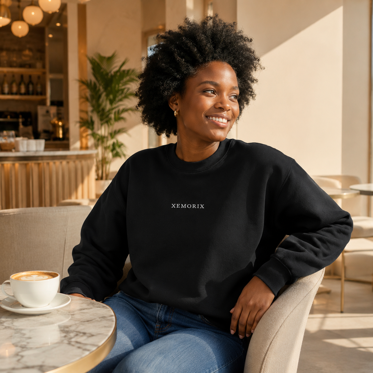 Female model wearing the XEMORIX XMRX-023 Signature Sweatshirt in Black with centered chest wordmark in a premium indoor lifestyle setting