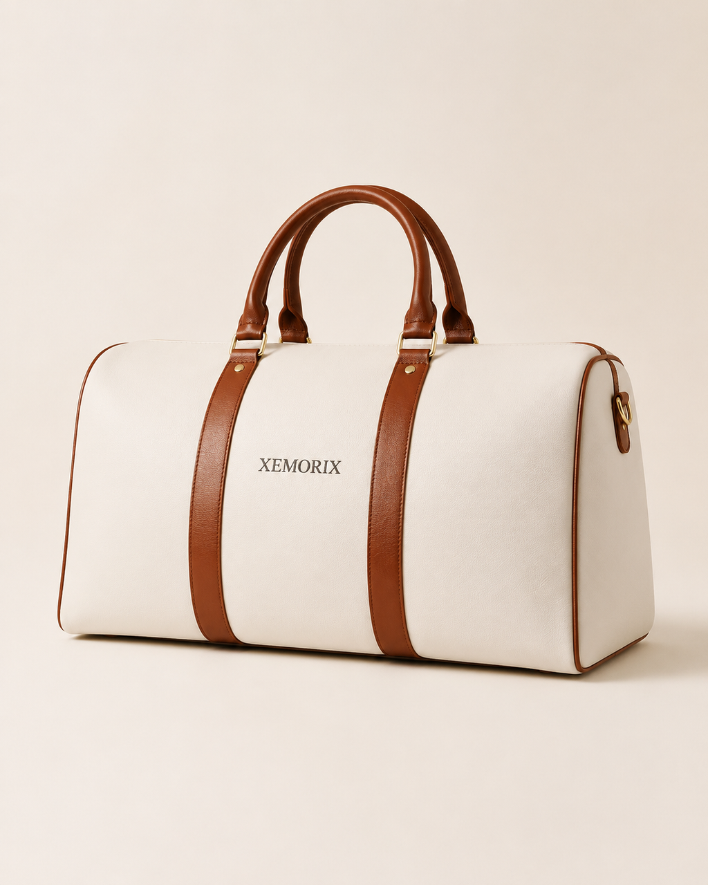 XEMORIX XMRX-024 Signature Weekender Bag in white with brown handles, centered wordmark, and premium travel duffel design