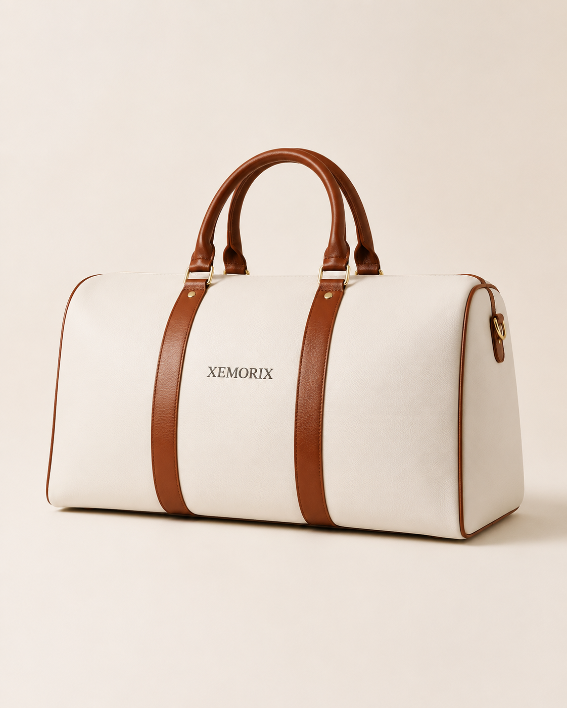 XEMORIX XMRX-024 Signature Weekender Bag in white with brown handles, centered wordmark, and premium travel duffel design