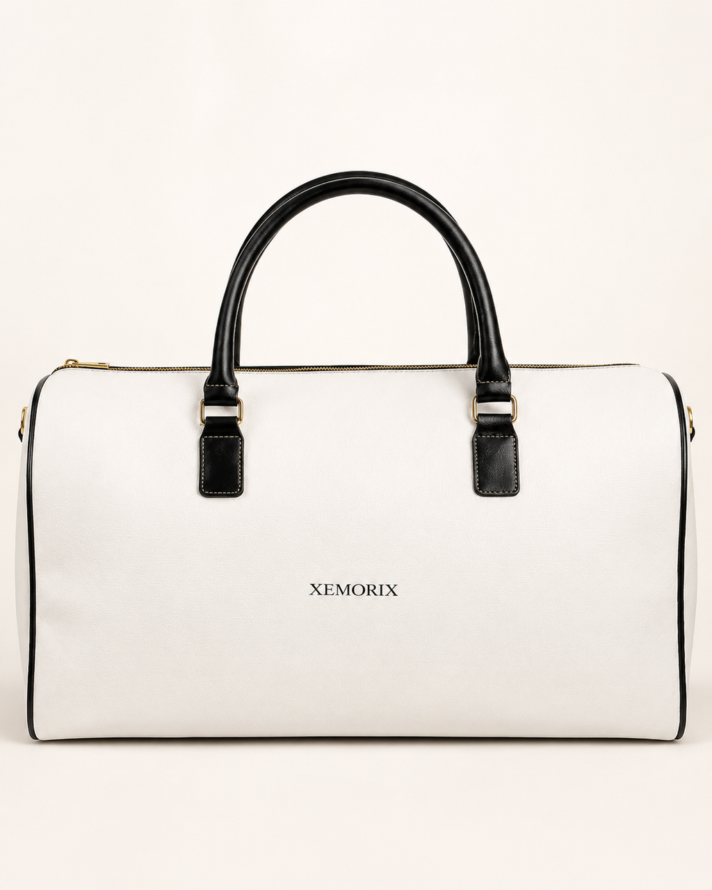 XEMORIX white and black signature weekender bag with centered logo, structured silhouette, and refined luxury travel design