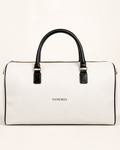 XEMORIX white and black signature weekender bag with centered logo, structured silhouette, and refined luxury travel design