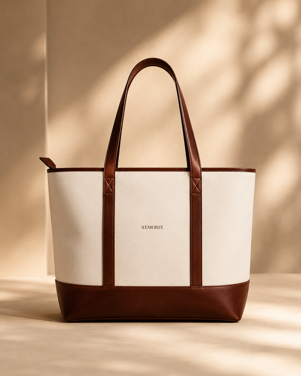 XEMORIX XMRX-027 Signature Tote Bag in ivory and deep brown with centered logo, luxury everyday travel tote for work and daily carry.