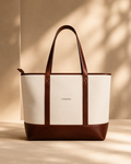 XEMORIX XMRX-027 Signature Tote Bag in ivory and deep brown with centered logo, luxury everyday travel tote for work and daily carry.