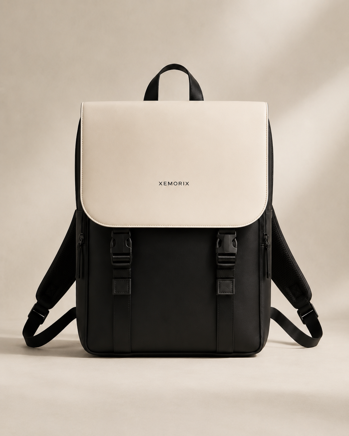 XEMORIX XMRX-030 Signature Travel Backpack in white and black, shown in a clean premium setting with centered logo and refined minimalist design
