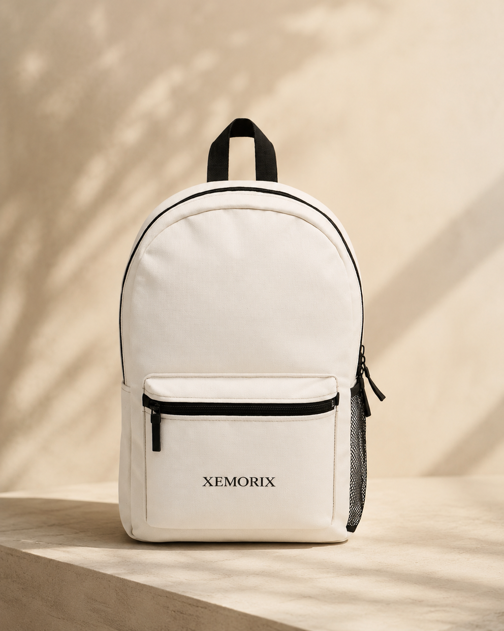 XEMORIX XMRX-029 Signature Classic Backpack in white and black with centered logo, front luxury product view