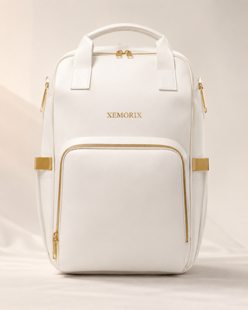 XEMORIX XMRX-030 Signature Travel Backpack in white and gold with organized front pocket, passport, sunglasses, phone, and travel essentials