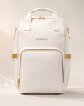 XEMORIX XMRX-030 Signature Travel Backpack in white and gold with organized front pocket, passport, sunglasses, phone, and travel essentials