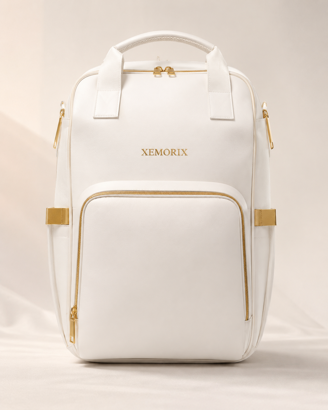 XEMORIX XMRX-030 Signature Travel Backpack in white and gold with organized front pocket, passport, sunglasses, phone, and travel essentials