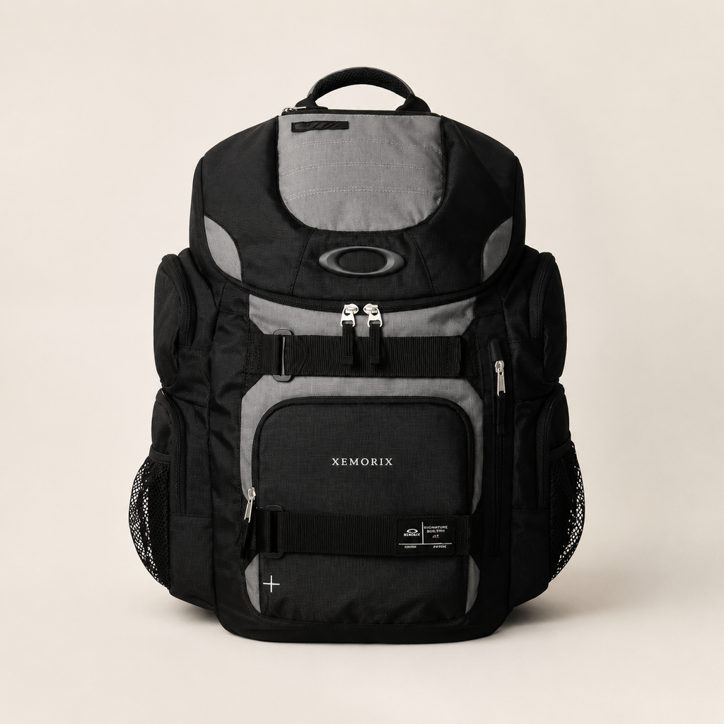 Black and gray XEMORIX XMRX-038 utility travel backpack with centered logo, multiple pockets, padded straps, and organized 30L carry design.