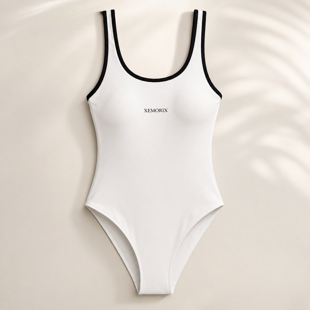 White XEMORIX one-piece swimsuit with black trim and centered logo, styled in a clean luxury resort look.
