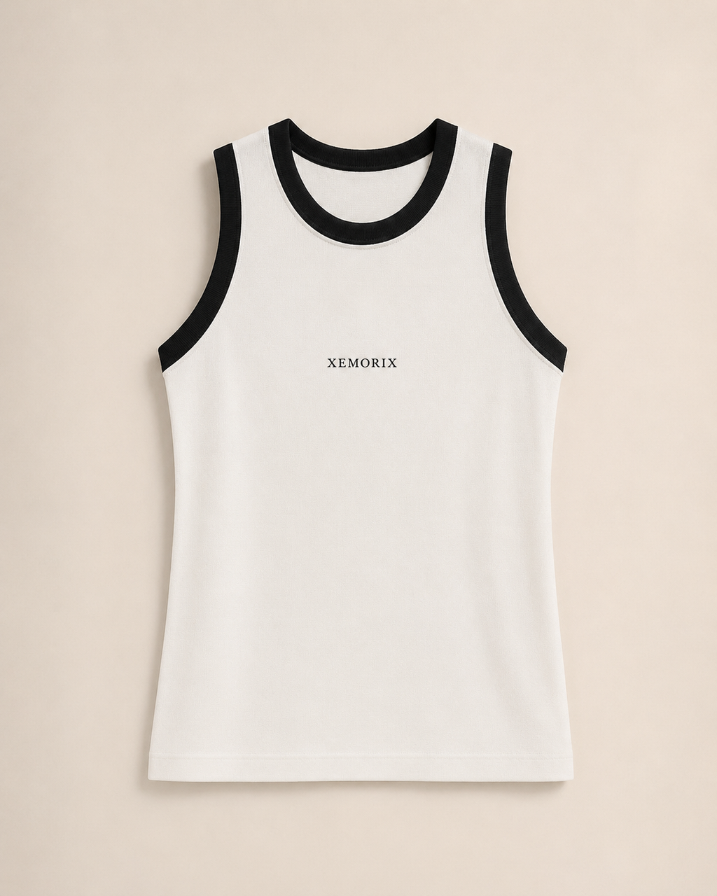 XEMORIX XMRX-050 white sleeveless ribbed tank top with black trim and centered logo on beige luxury background