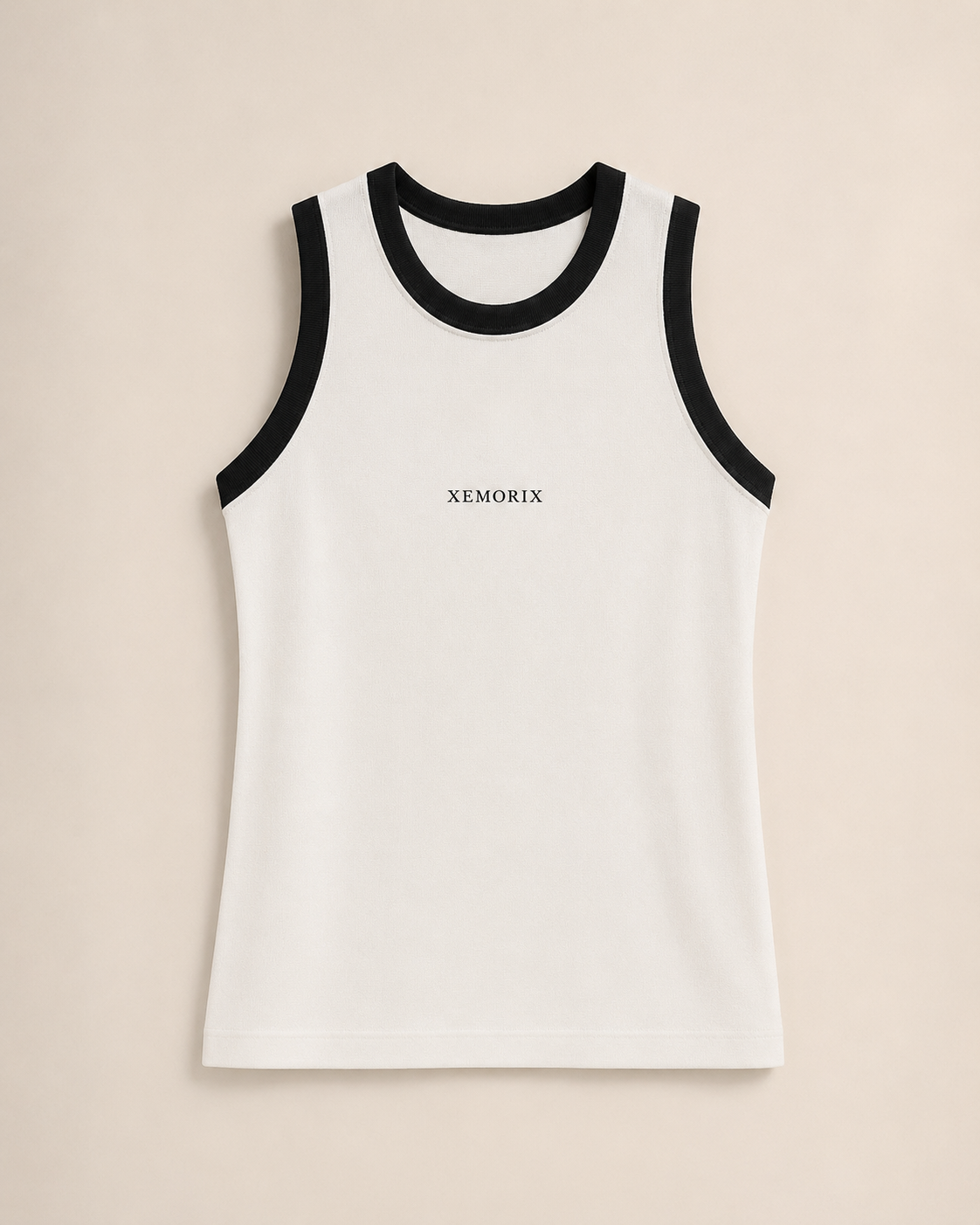 XEMORIX XMRX-050 white sleeveless ribbed tank top with black trim and centered logo on beige luxury background