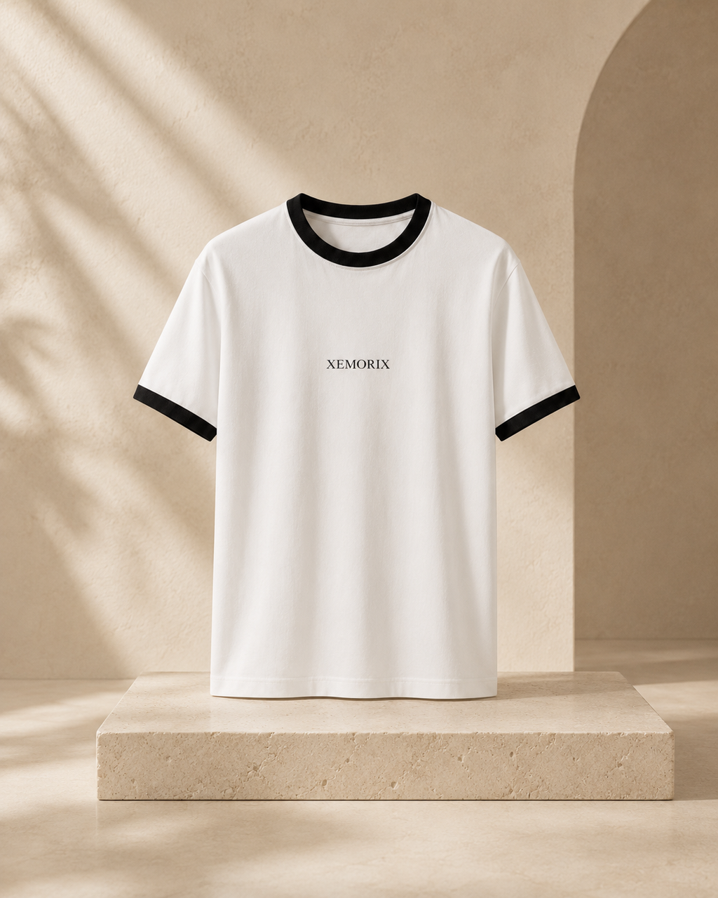 XEMORIX XMRX-039 Signature Ringer T-Shirt in white with black collar and sleeve trim