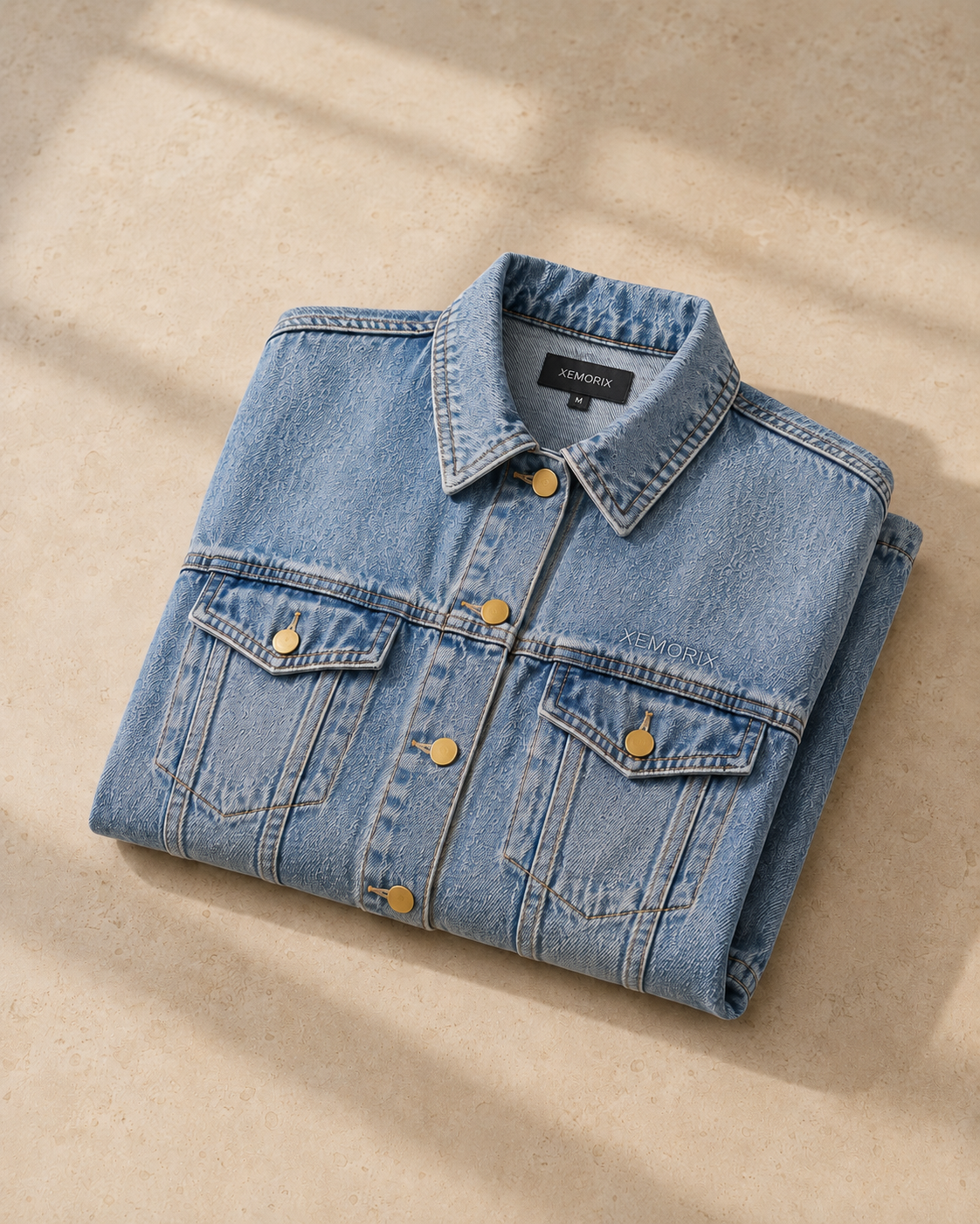 Folded blue denim jacket on a beige surface