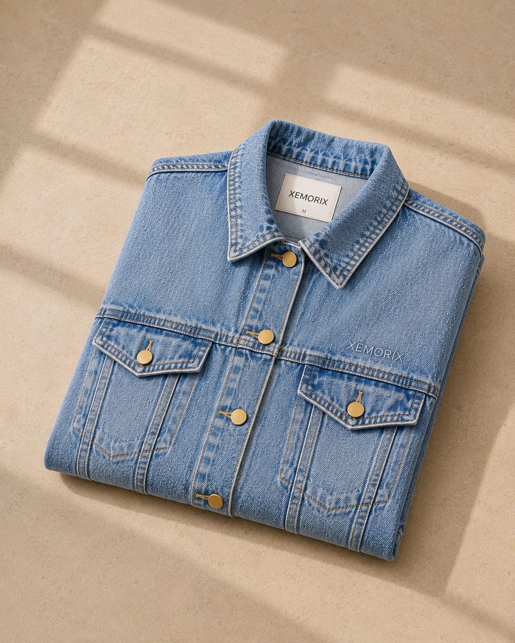 Folded blue denim jacket on a beige surface