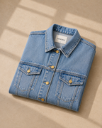 Folded blue denim jacket on a beige surface