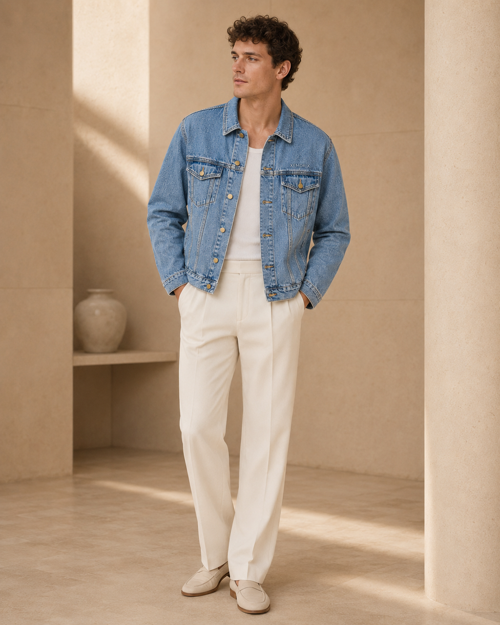 Man wearing a blue denim jacket and white pants standing in a sunlit room.