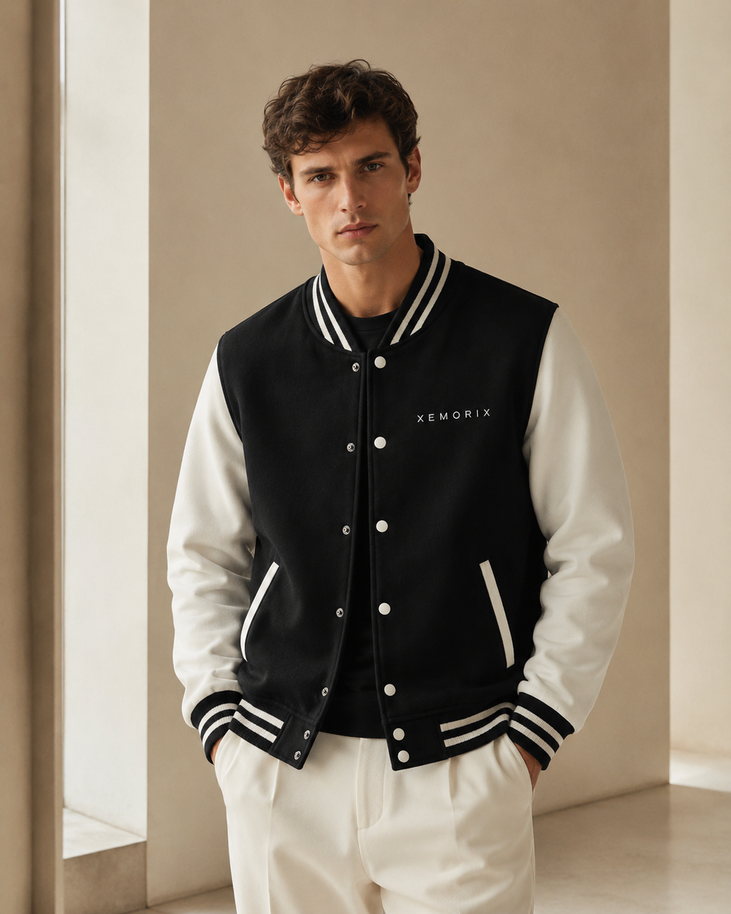 XEMORIX XMRX-047 black and white varsity jacket with left chest logo and branded neck label