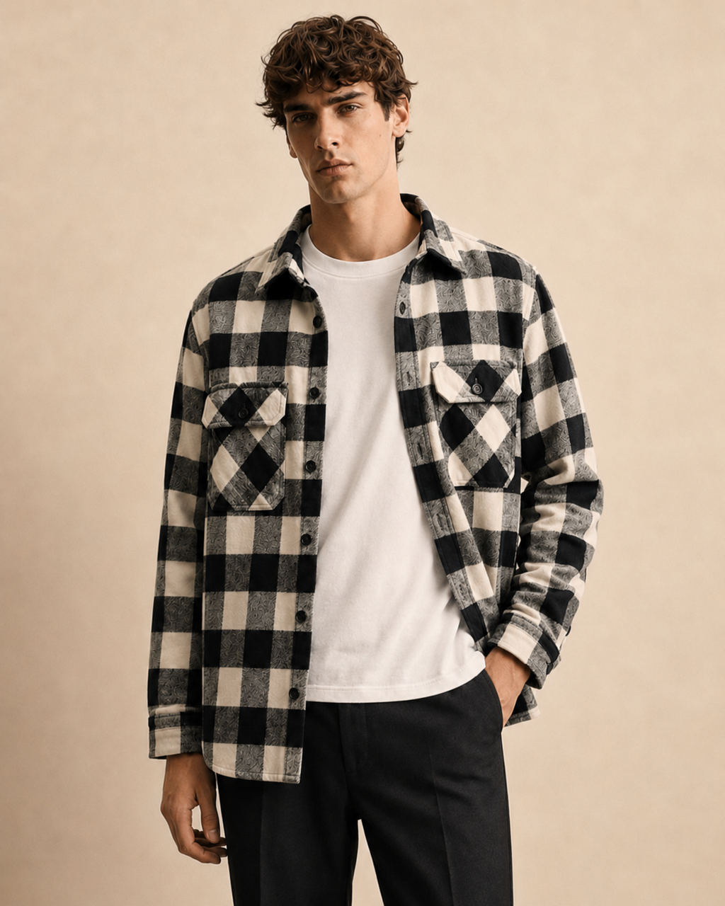 XEMORIX XMRX-055 black and white signature plaid flannel shirt styled as a premium everyday overshirt.