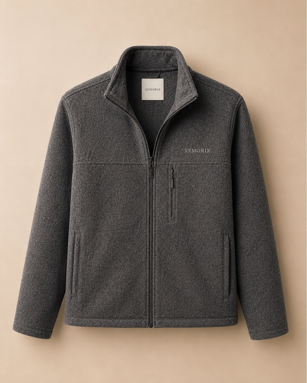 XEMORIX XMRX-067 Signature Zip Fleece Jacket in gray with left chest logo and branded neck tag