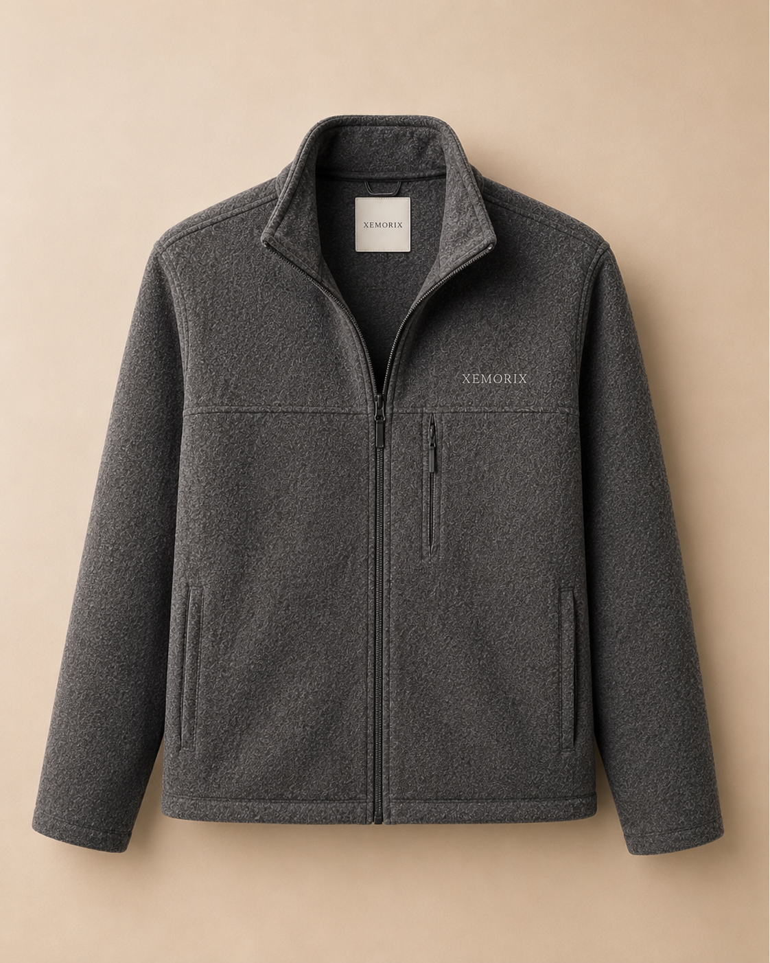 XEMORIX XMRX-067 Signature Zip Fleece Jacket in gray with left chest logo and branded neck tag